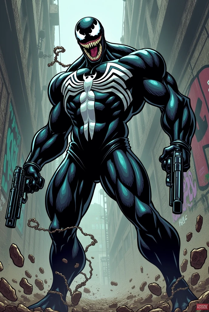Comics style, venom very big and strong, he holds a gun in each hand, fighting pose, dynamic pose