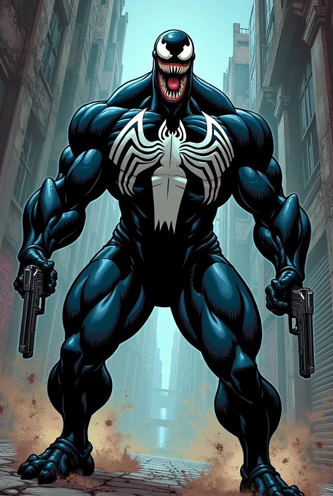 Comics style, venom very big and strong, he holds a gun in each hand, fighting pose, dynamic pose