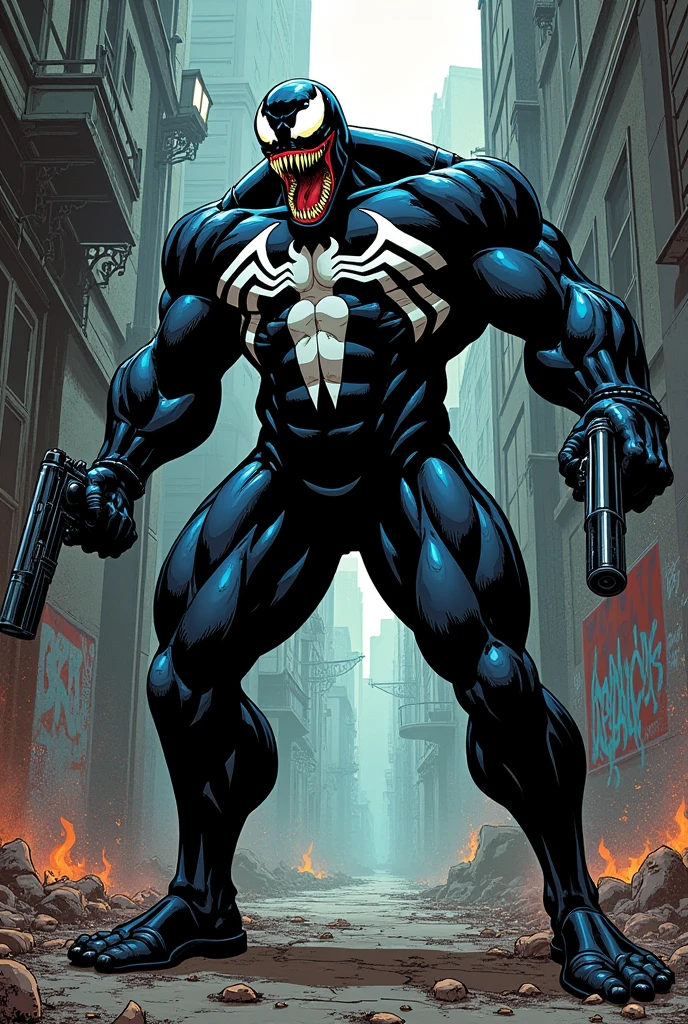 Comics style, venom very big and strong, he holds a in each hand, fighting pose, dynamic pose