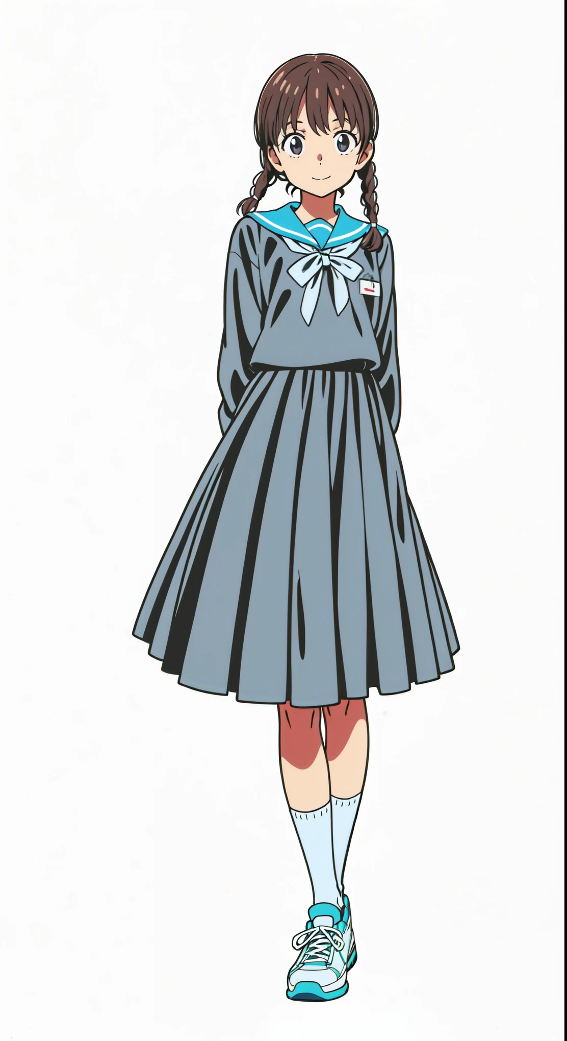(white background:1.0), (best quality:1.0), (masterpiece:1.0), (super fine illustration:1.0), (beautiful artwork:1.0), (anime screencap:1.0), (official art:1.0), (full body:1.0), (solo:1.0), (a 14yo cute girl:1.0), (long skirt:1.0), (dark blue skirt:1.0), (pleated skirt:1.0), (dark blue sailor uniform:1.0), (long sleeve sailor uniform:1.0), (name tag:1.0), (sneakers:1.0), (white socks:1.0), (ideal ratio body proportions:1.0), (lanky:1.0), (tall:1.0), (slender:1.0), (small breasts:1.0), (smaller face:1.0), (tareme:1.0), (cheerful:1.0), (detailed beautiful eyes:1.0), (detailed beautiful face:1.0), (glowing black eyes:1.0), (short hair:1.0), (swept bangs:1.0), (twin braids:1.0), (black hair:1.0), (standing:1.0), (looking at viewer:1.0)