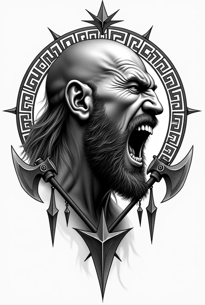 Create a black and white tattoo of a Viking's face in pointillism, profile view, screaming, with Viking runes and sharp axes for a tattoo.