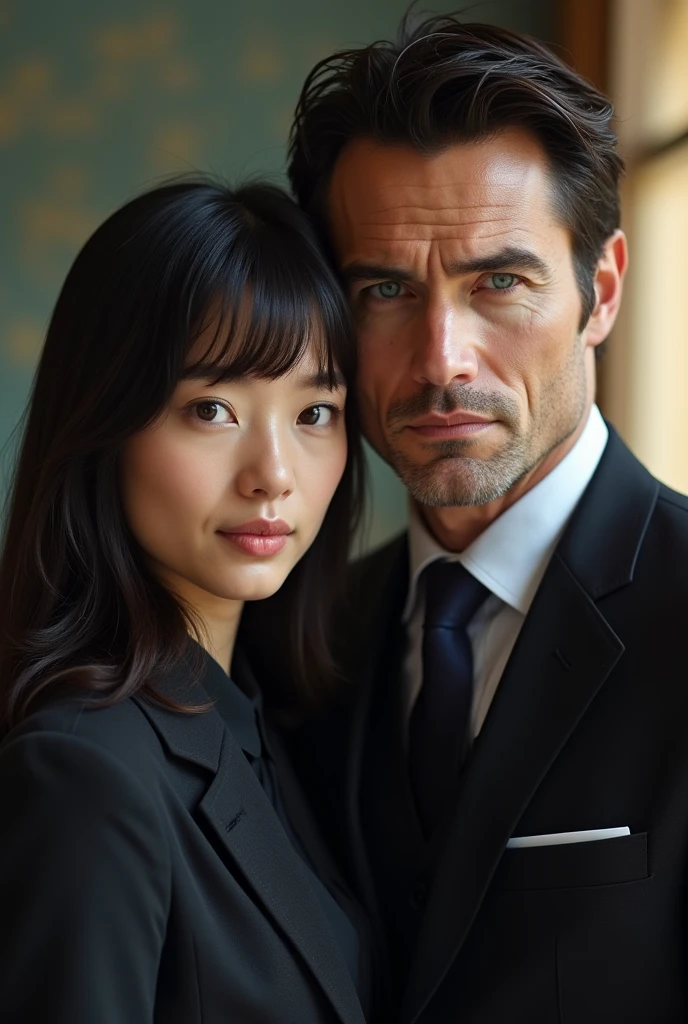 two people, Dora Wayne is a Chinese American "Daughter"(beautiful girl, American Chinese, with blue eyes and bangs, medium length hair, 22), Bruce Wayne is of Caucasian race "Father"(45 years, high, athletically built man with a strong physique. He has short brown hair, often depicted as black or dark brown. Bruce's face usually has expressive features with a strong jaw and a sharp chin, which gives him a masculine and serious look, with Caucasian appearance, Charisma, expensive suits and looks very well-groomed)