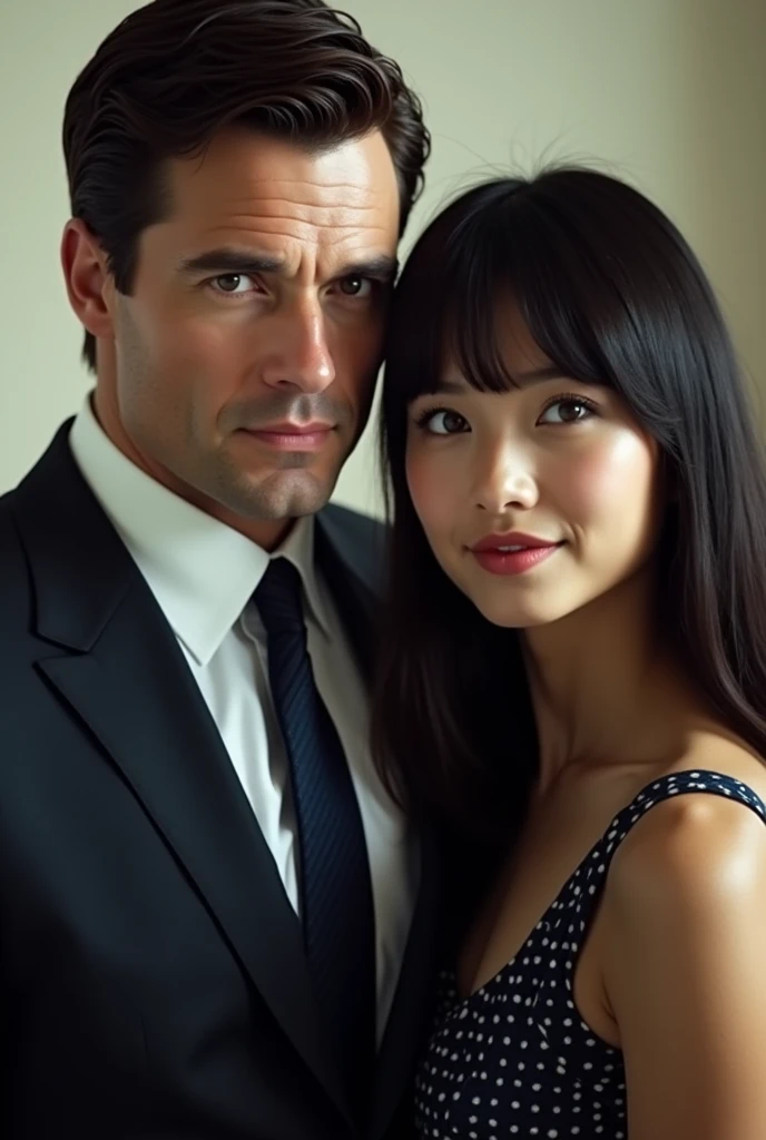 two people, Dora Wayne is a Chinese American "Daughter"(beautiful girl, American Chinese, with blue eyes and bangs, medium length hair, 22), Bruce Wayne is of Caucasian race "Father"(45 years, high, athletically built man with a strong physique. He has short brown hair, often depicted as black or dark brown. Bruce's face usually has expressive features with a strong jaw and a sharp chin, which gives him a masculine and serious look, with Caucasian appearance, Charisma, expensive suits and looks very well-groomed)