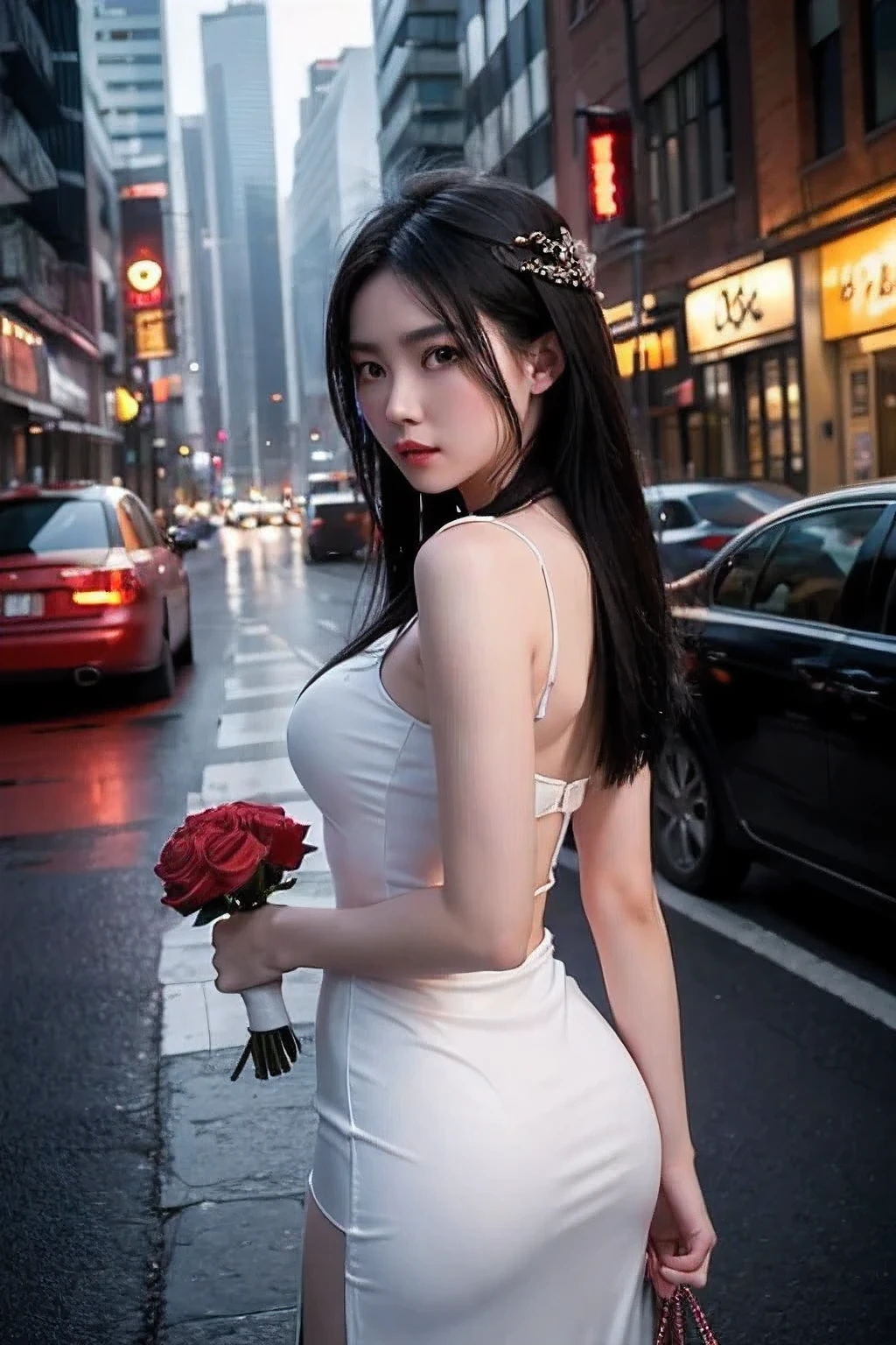 Scene Overview: A beautiful young Thai woman with fair skin and an oval face, aged 20-25, wearing a white sexy dress and holding a red rose
Visual Elements: Streets wet from rain, neon lights reflecting on the pavement
Lighting and Colors: Vibrant yet isolated, blues and purples dominate
Dynamics and Motion: The young woman holding a rose on the road
Focus and Background: Focus on the young woman holding a rose on the road, with city life blurred in the background
Emotion and Atmosphere: A profound sense of the young woman holding a rose amidst the vibrant city. Expressive and poignant scenes with a focus on the young woman and the flower, set against a backdrop of modern technology and urban spaces. The visuals should convey a deep sense of yearning and emotional struggle, with muted colors and dramatic lighting to enhance the mood.