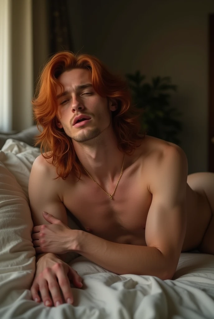 photorealistic image of a man, ultrarealistic, photography, long red hair, man, 24 years old, Handsome figure, perfect body, Flirty look, he is naked, in the bedroom, in bed, he is laying in bed on his back, naked, his legs are spread, he has his eyes closed and his mouth open, he is moaning