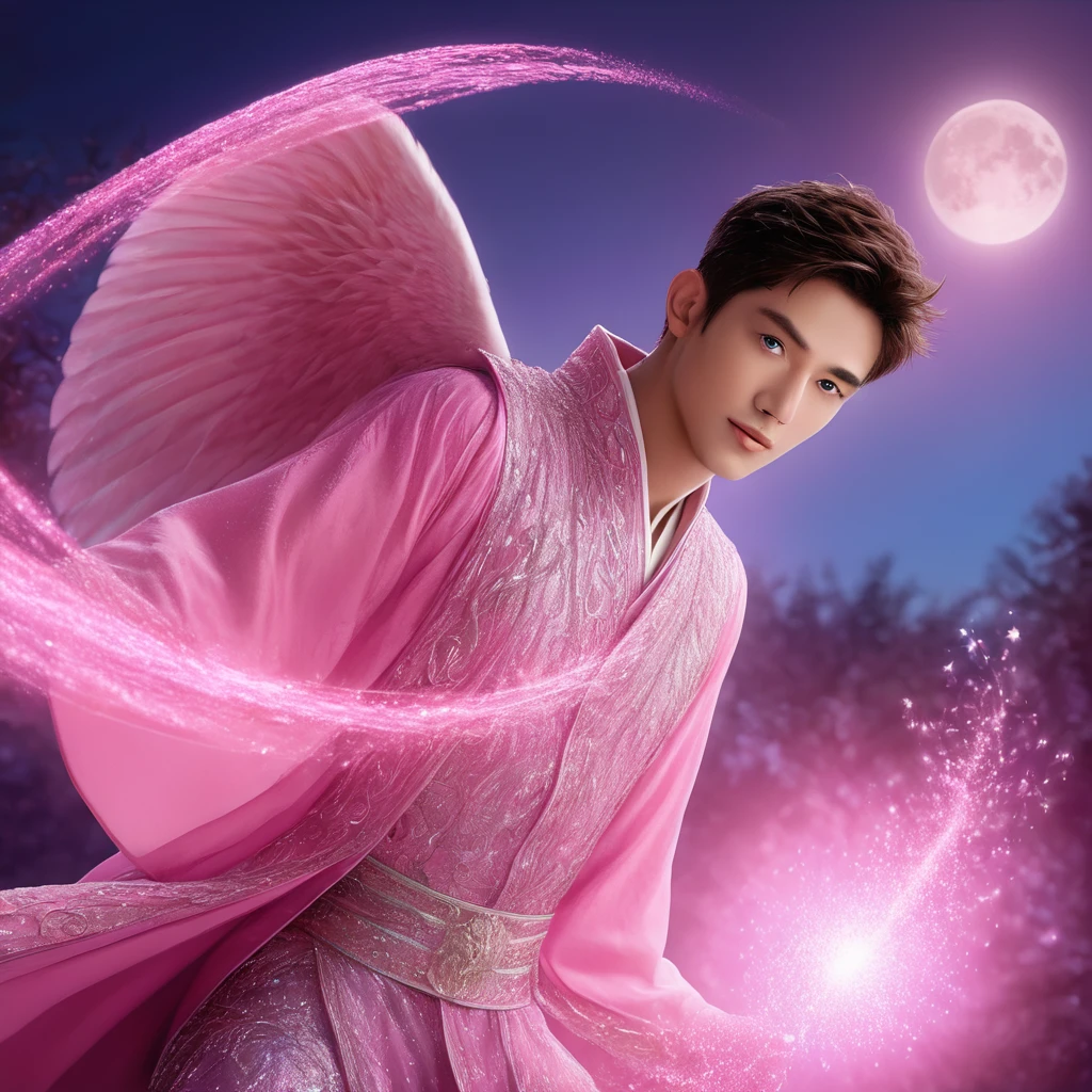 One realistic male with blue eyes and a refined body with  magical pink aura,  flying in air in a magical world at night glitters all over and flies