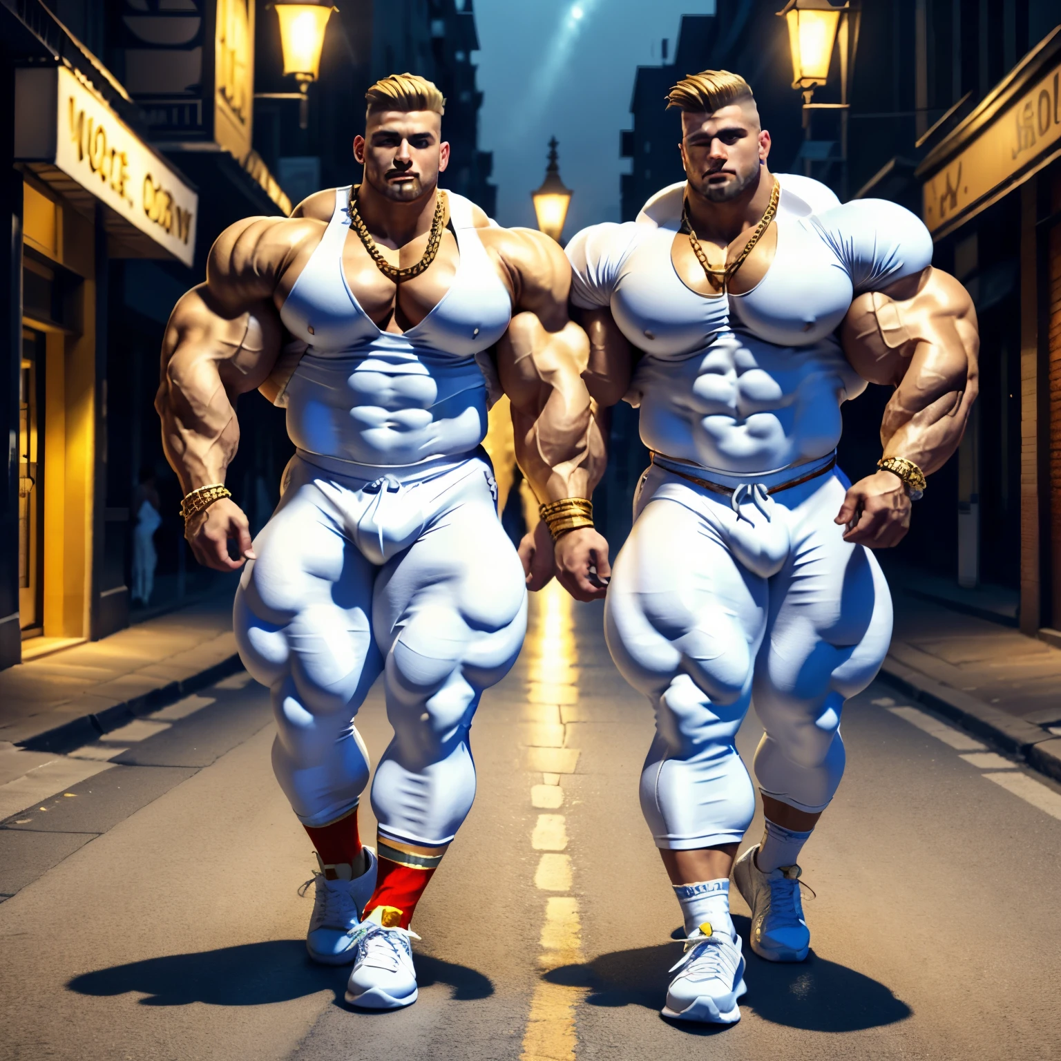 full view, full body, two over-muscular over-bodybuilded white european drunk males with hyper-clean undercut haircuts, wearing white lycra jumpsuits and socks, hype-fashioned chunky hi-top fashion  sneakers and glittering golden crowns, golden rings, bracelets, chains, walking hardly in deserted street at night, touching