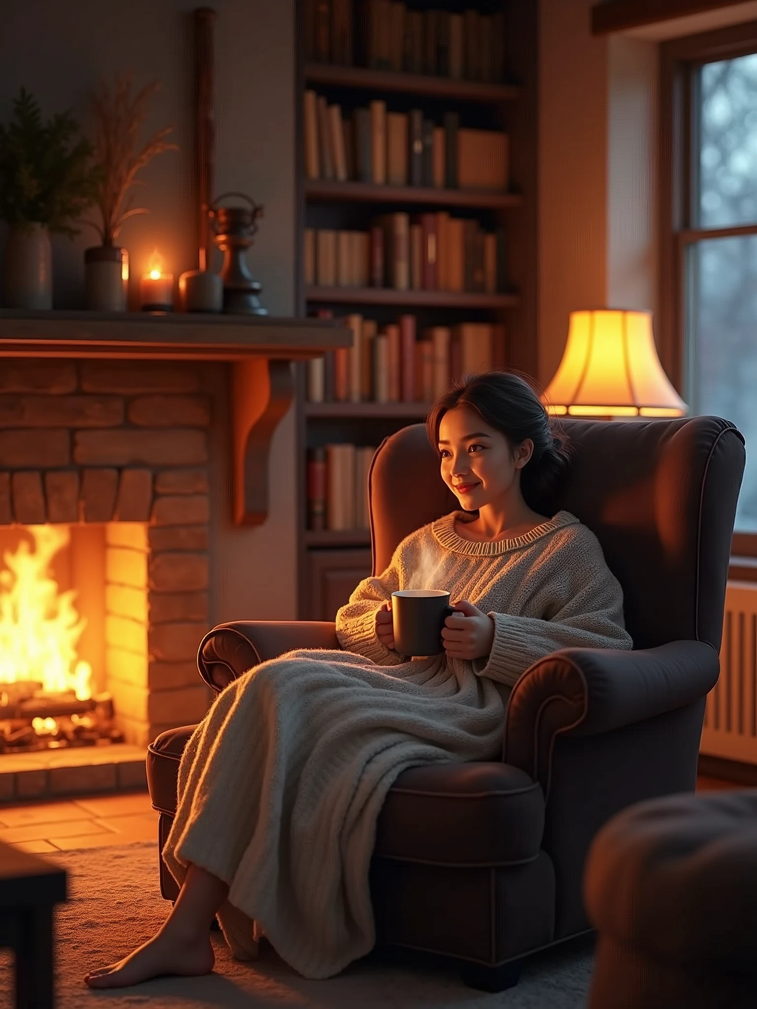 A cozy winter evening scene featuring a young woman sitting comfortably in a plush armchair by a roaring fireplace. The warm glow of the fire illuminates the room, which is decorated in rustic, inviting tones—soft, overstuffed cushions, a knitted blanket draped over her lap, and a steaming mug of hot cocoa in her hands. The walls are adorned with wooden beams and vintage bookshelves, filled with well-loved books and soft lighting from antique lamps. The woman gazes contentedly into the flames, with a hint of a smile on her face, capturing the essence of warmth, relaxation, and comfort.