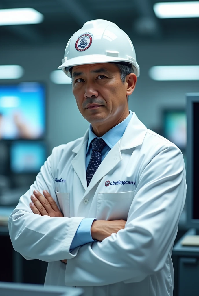 Male Occupational Physician, with industrial helmet,Dragon Ball Z anime style,company ,consulting room ,occupational doctor ,Occupational medicine