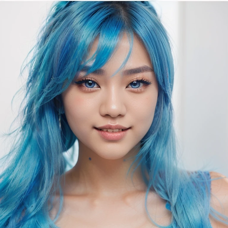 Gorgeous asian woman with blue hair and blue eyes posing for a picture, pretty girl with blue hair, girl with blue hair, beautiful asian girl, beautiful blue haired girl, with blue hair, flowing blue hair, blue colored, with blue skin, sky blue highlights in hair, neon blue highlights, chinese girl, asian beautiful face, blue hairstyle, beautiful asian woman