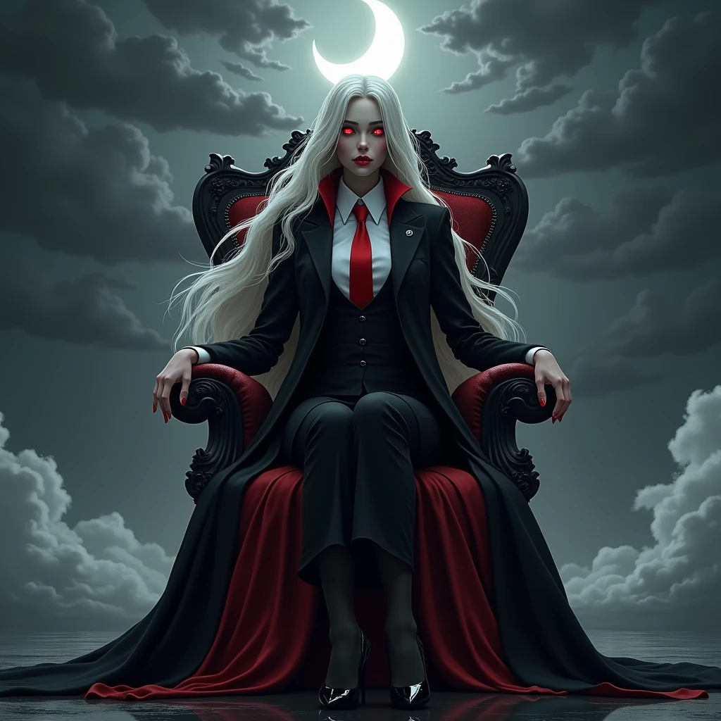The woman vampire red eyes, long white hair,
She wear the long black coat inside the black coat has carmine color, black suit, white shirt, red necktie, long black pencil skirt, black tights, black high heels.
She sitting on the throne, black grey sky, fantastic night sky, moon, cartoon novel, 4K, HD