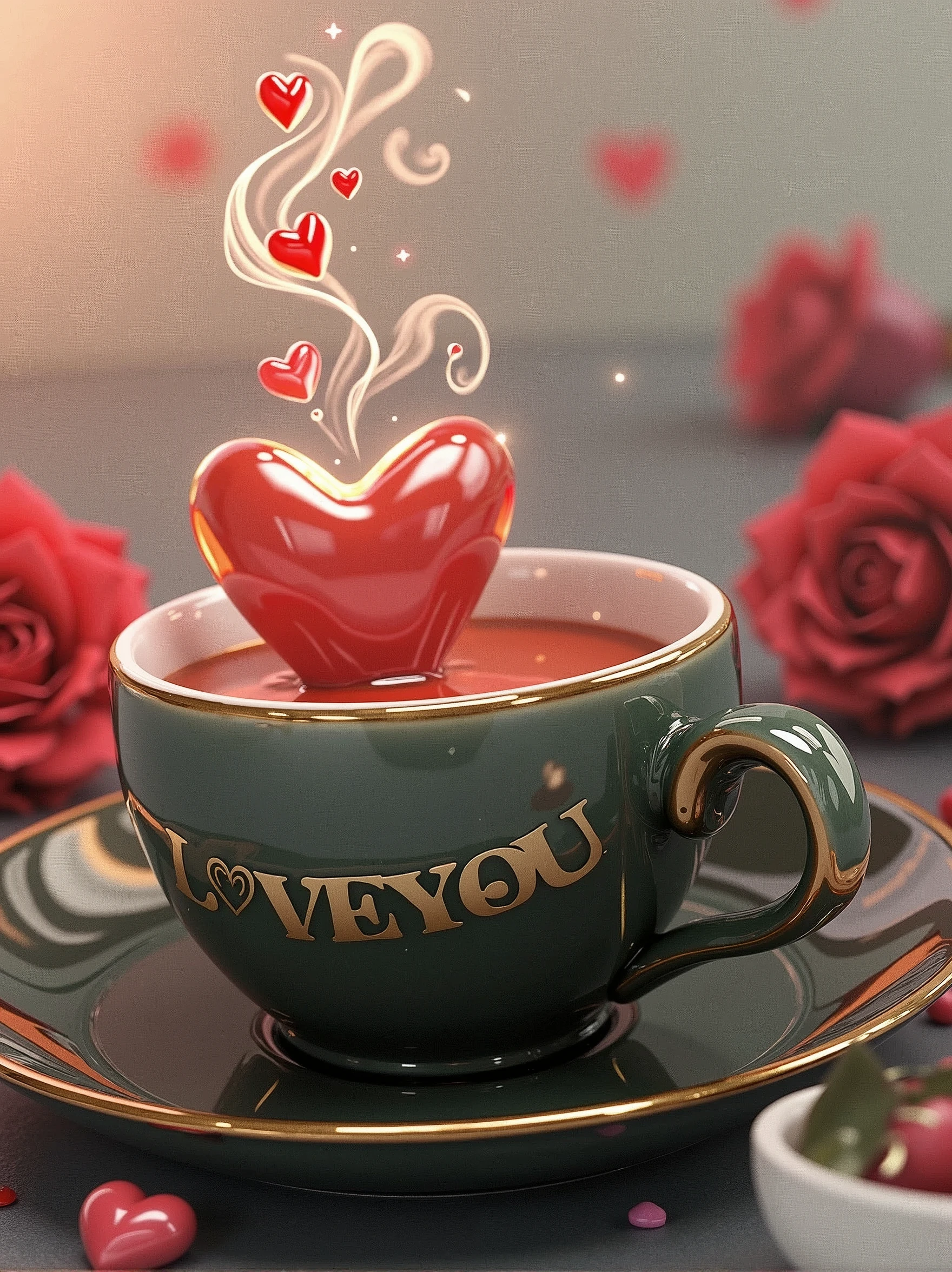 Create a hyper-realistic image of a glossy shiny vibrant cream cup and saucer with a heart design. cup should have steam rising from it that forms smoke, culminating in a floating, glossy shiny vibrant red heart surrounded by smaller hearts at the top. near vibrant red Rose s , written "I LOVE YOU" in cursive font, , background dark, ultra HD 64k hyperrealism studio lightning light reflection
