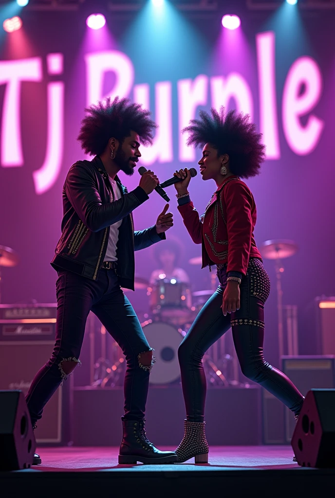Afro Man and woman in rockstar outfits singing on stage with the word Tj Purple boldly written on the Background.
