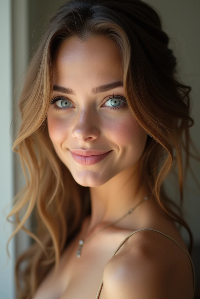 beautiful young, Light brown hair, blue eyes, flirtatious smile.