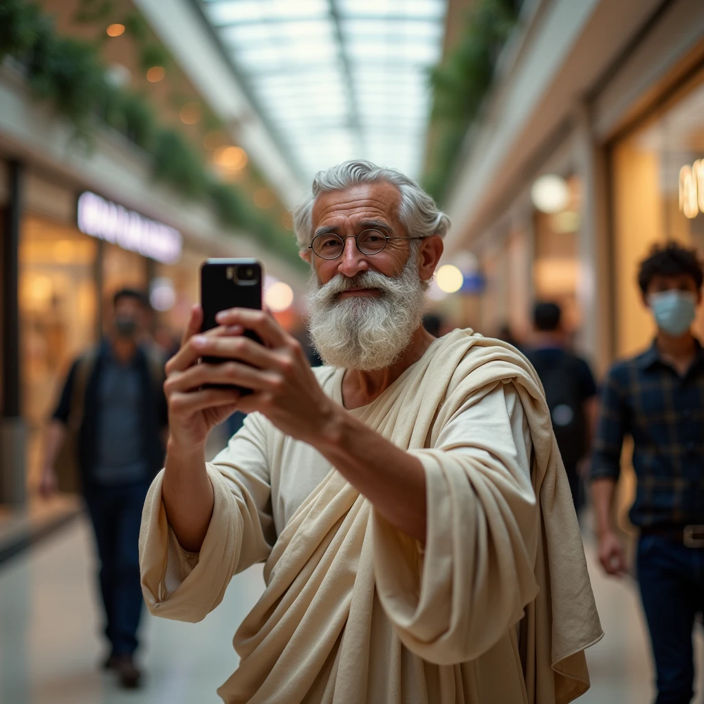 Aristotle, Taking a selfie on his phone at the mall