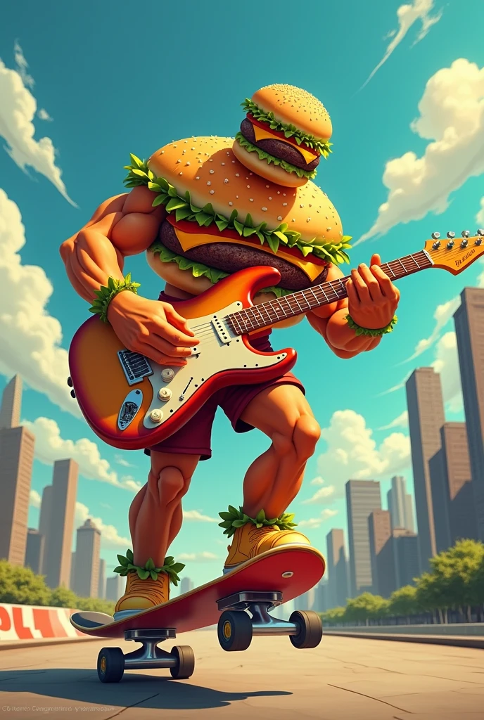 Create a human hamburger with super strength who is riding a skateboard and playing the guitar.