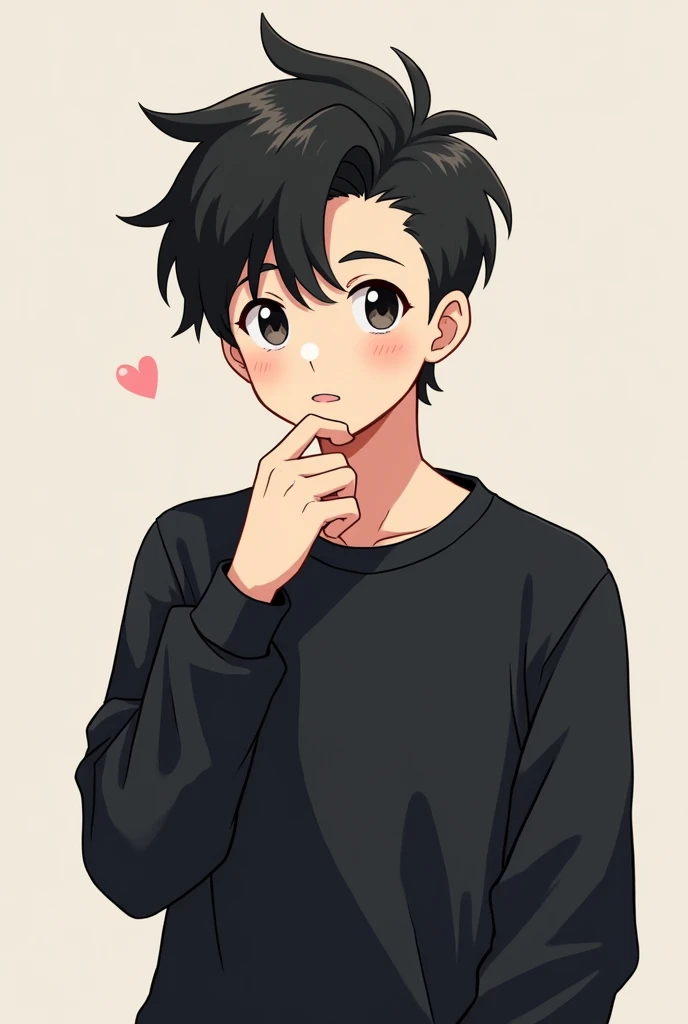 Cute anime male cartoon character with black hair wearing a black sweatshirt, thinking expression.