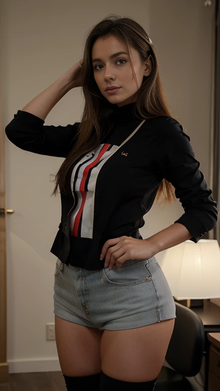 8k, la plus haute qualité, ultra détails, Femme euro-américaine, jeune, Réaliste, les temps modernes, tenue décontractée  avec decolté, éclairage de studio, dans sa chambre qui prend la photo avec sa main.