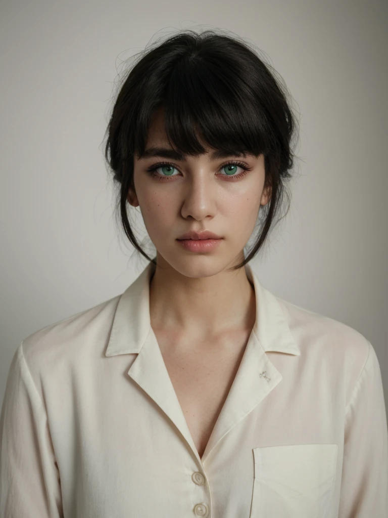 Best quality, masterpiece, ultra high res, (photorealistic:1.5), raw photo, 1 mature girl, white button shirt, in the dark, deep shadow, low key, cold light, sexy look, black medium hair with bangs (((black hair))), green eyes, sharp eyes, eyeshadow, plain white background