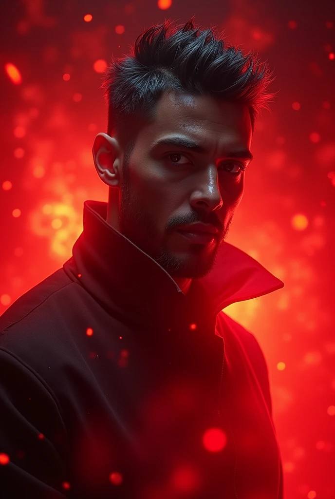 Personnage qui est charismatique avec de l'aura autour de lui en rouge et qui à un regard noir image streamer 