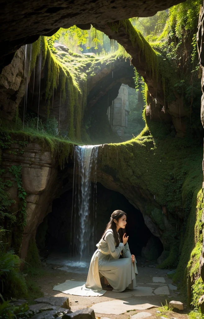 A woman kneeling at the entrance of a dark cave in a medieval fantasy setting. She wears simple yet elegant medieval attire, made of flowing fabrics in earthy tones, which blend naturally with the rugged, rocky surroundings. The entrance to the cave is mysterious and shadowy, surrounded by jagged rocks covered in moss and vines. The woman appears deep in thought or in prayer, her posture humble and solemn. The scene is lit by soft, natural light that casts gentle shadows, enhancing the mystical and enchanted atmosphere. The setting feels ancient, with a strong sense of reverence and mystery."Additional Parameters:Style: Realistic, fantasyLighting: Soft natural light, subtle shadowsColors: Earthy tones, natural shadesComposition: Woman centered at the cave entrance, rocks and overgrowth around herEnvironment: Medieval, ancient cave, mystical atmosphere, quiet reverence