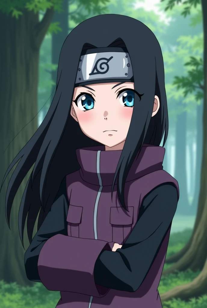 Screenshot, naruto anime style, A girl, pale white skin, medium height, blue eyes, black hair, long, loose, without flinching, purple and black ninja clothing, with ninja band, In a forest
