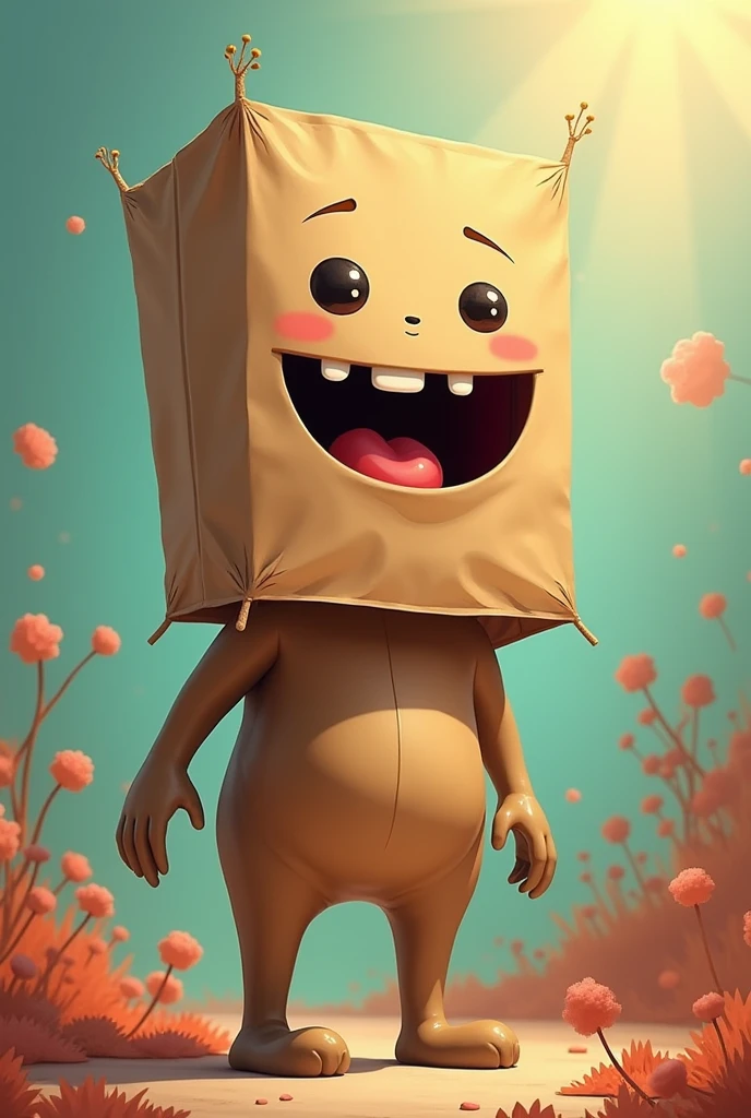 Character with a paper bag on their head smiling