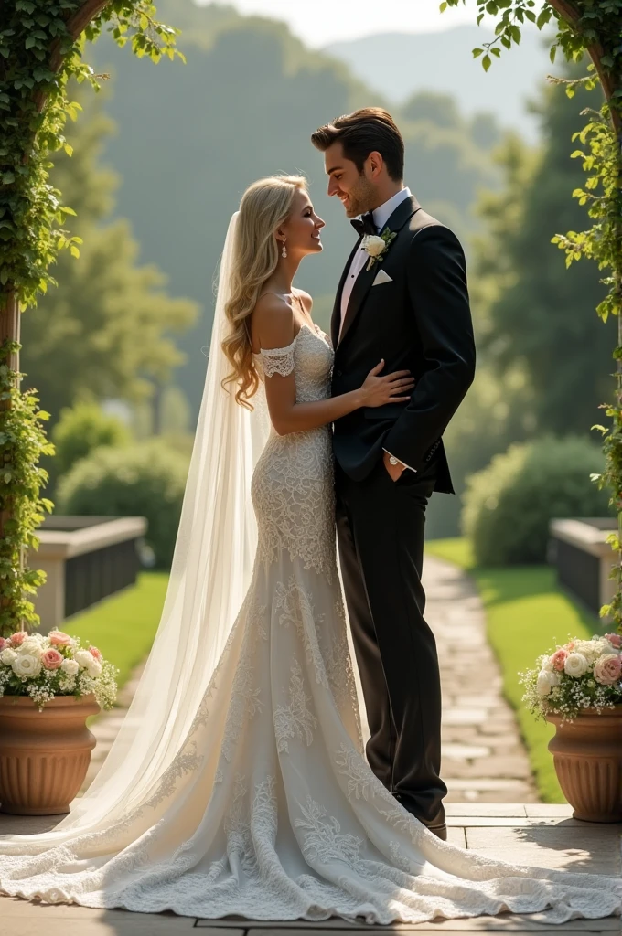 A tall man, in a black wedding suit, and dark hair, next to a blonde woman in a wedding dress