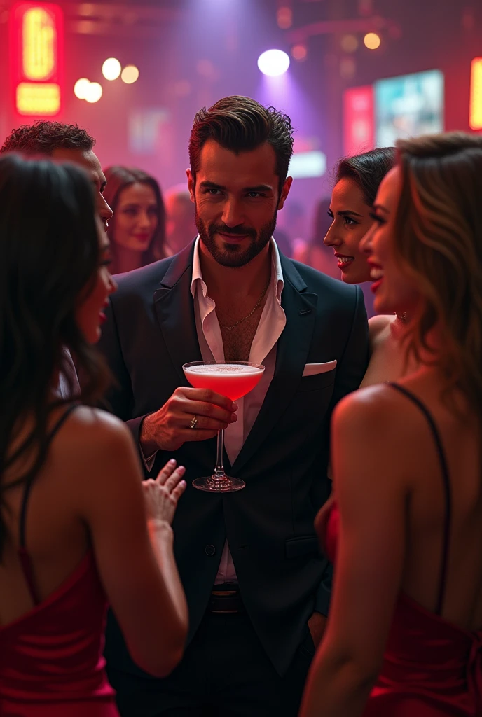 "A confident man, with a drink in hand, being watched by three women with suggestive looks, in a crowded bar, with the dance floor in the background."