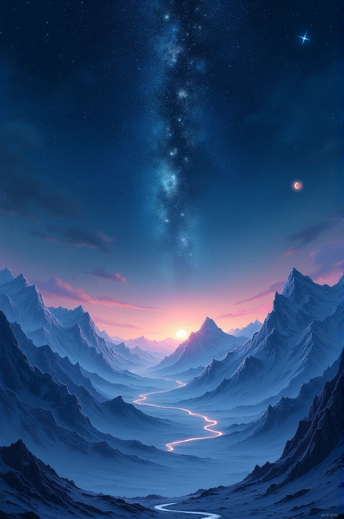 starry sky. Cannot contain clouds or sun. Mountains in the background. Gradient going from the lighter edge to the darker sky.