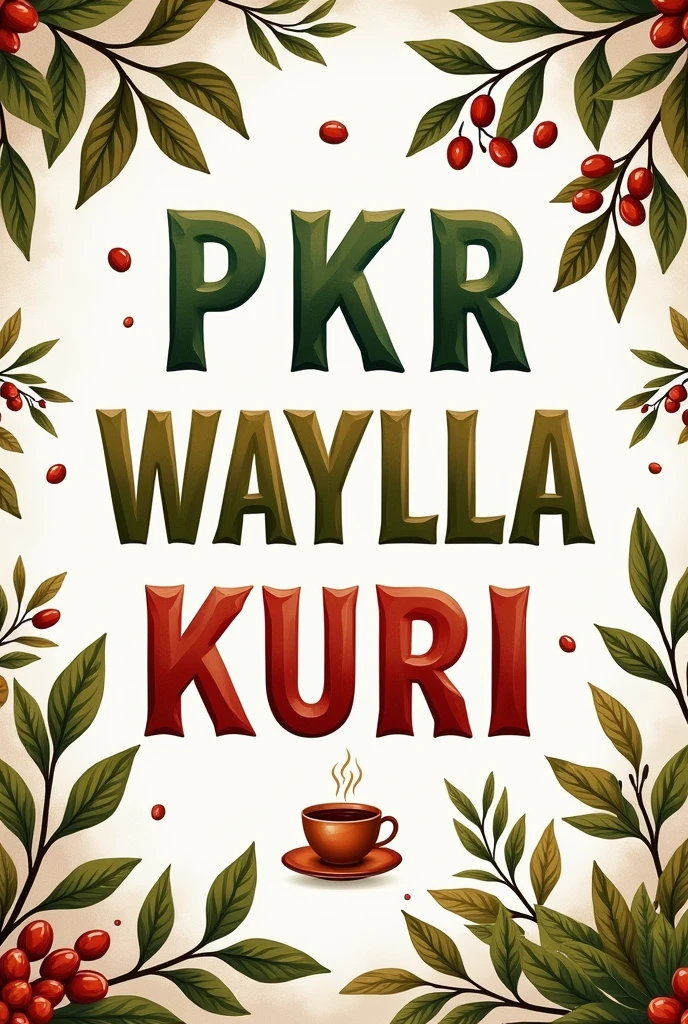 An illustration on a mural is white with the words PKR in light green, WAYLLA in dark green and KURI in red, along with drawings of coffee branches and a cup.