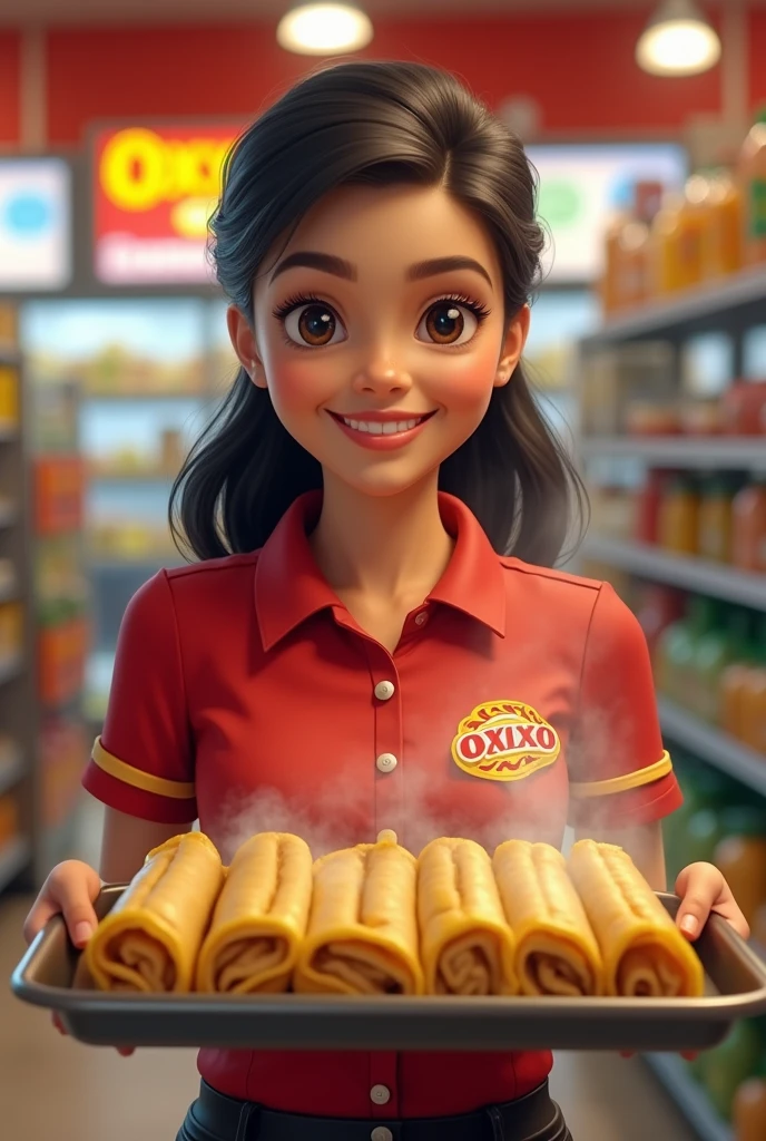 Woman in an Oxxo store uniform presenting tamales with a smile