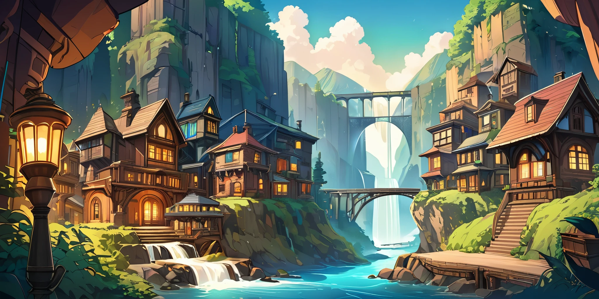 Dessinez une affiche d'anime lofi, village, canyon, Décoration Steampunk, Cascade, Lumière, forêt, une belle palette de couleurs en verre brun, couleurs saturées vibrantes, ouvrages d'art, avec filles nus qui se baigne, les jours, thème animé