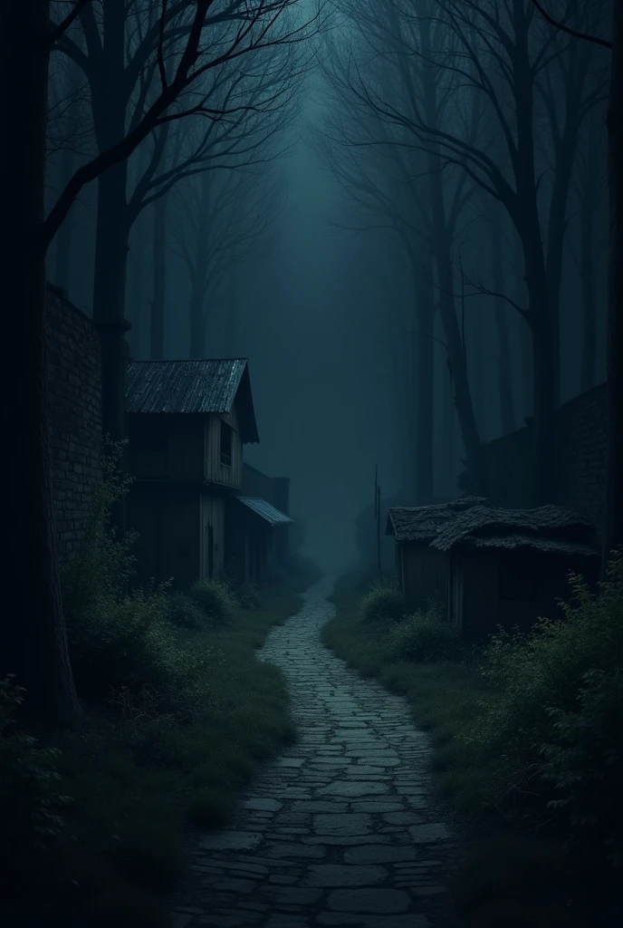A dark forest path at night without any light,with several bushes around with a wall on the left and a foundation on the right with tin and mud houses,no hello coconut of human and horses

