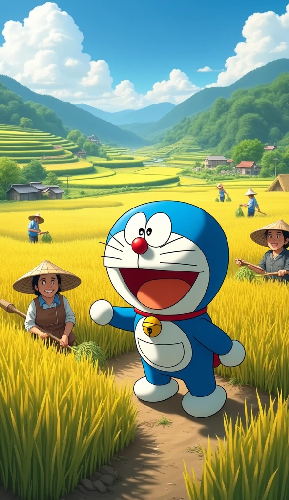 Doraemon travels through time to a rice paddy, everyone around is harvesting rice