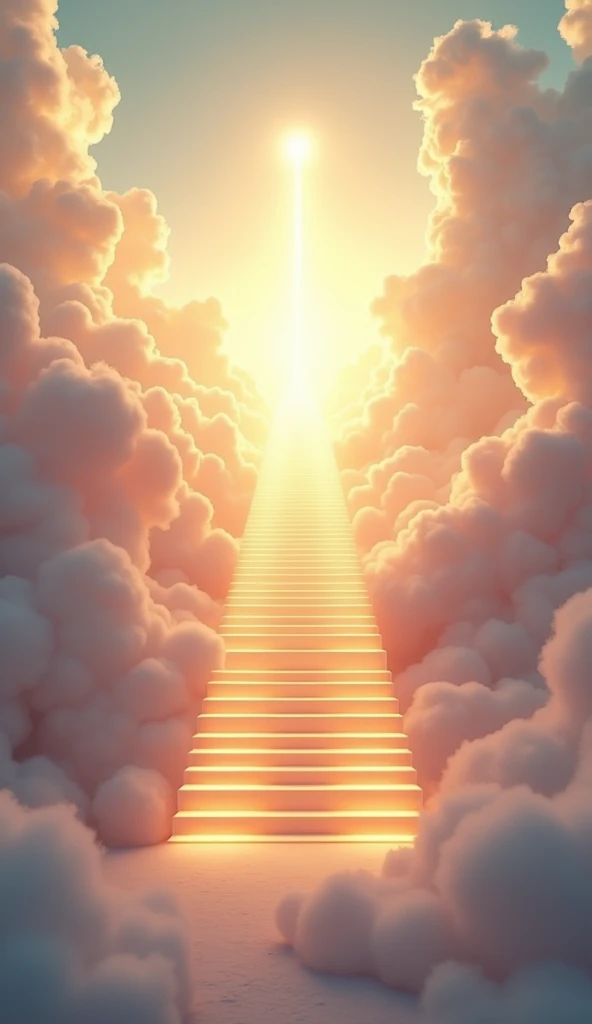 Here’s a detailed prompt for generating an image:

"A majestic staircase stretches upwards into the sky, starting from the ground and gradually ascending into the clouds. The steps are wide and slightly glowing, with each one radiating a soft, golden light. The staircase is surrounded by a tranquil landscape, with soft, wispy clouds swirling around it as it climbs higher. At the top, the staircase seems to merge with the heavens, disappearing into a brilliant, ethereal light that suggests a gateway to the divine. The sky above is a gradient of warm, inviting colors—shades of gold, pink, and soft blue—creating a sense of peace and spiritual elevation. The overall atmosphere is one of awe and reverence, symbolizing the journey towards heaven."
