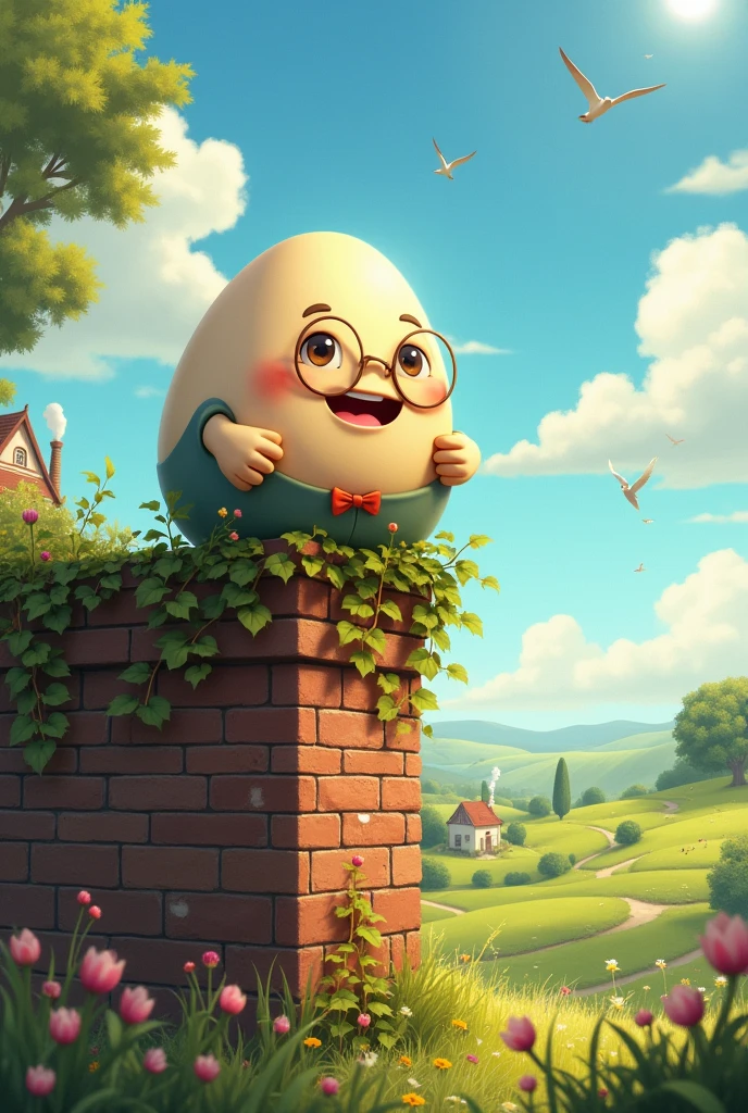 Humpty Dumpty, a large, round egg with a cheerful smile, sits on top of a tall brick wall. The wall is old and slightly uneven, with ivy creeping up its sides. Humpty wears a pair of small, round spectacles and a bowtie, adding to his friendly appearance. Below the wall, there’s a beautiful landscape of rolling green fields dotted with colorful wildflowers. In the distance, you can see a few small houses with smoke gently rising from their chimneys. The sky is a clear, bright blue, with the sun shining warmly and a few white, fluffy clouds drifting by. Birds are soaring high in the sky, chirping happily. Humpty Dumpty is enjoying the view, completely relaxed, and unaware of the danger of sitting so high up.