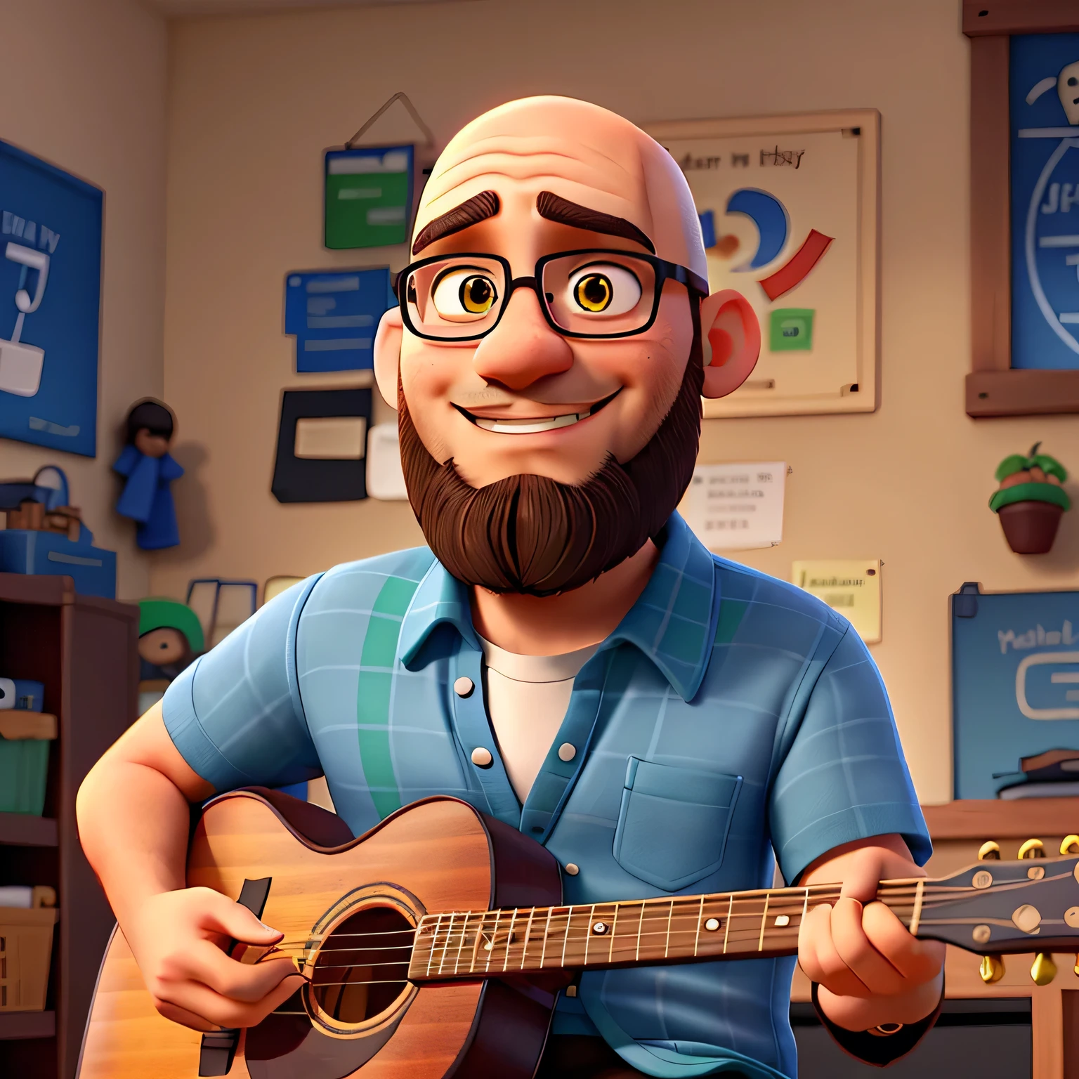 Bald man, short beard, dark brown eyes, happy. casual outfit, shirt with blue or green musical symbol, teaching how to play guitar