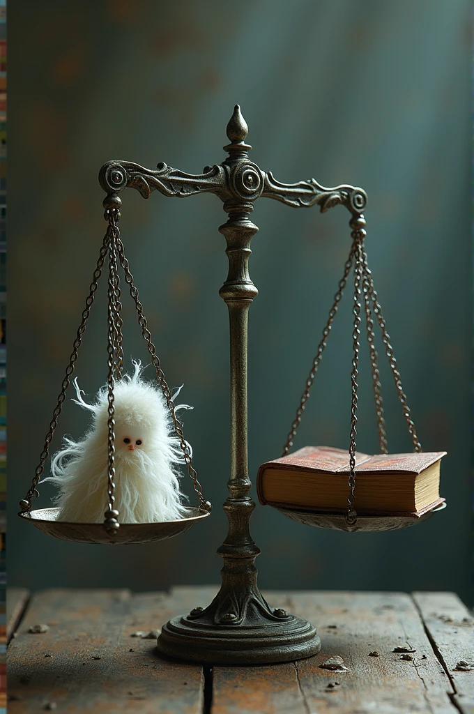 A scale with a disintegrating soul on one side and an old book on the other 