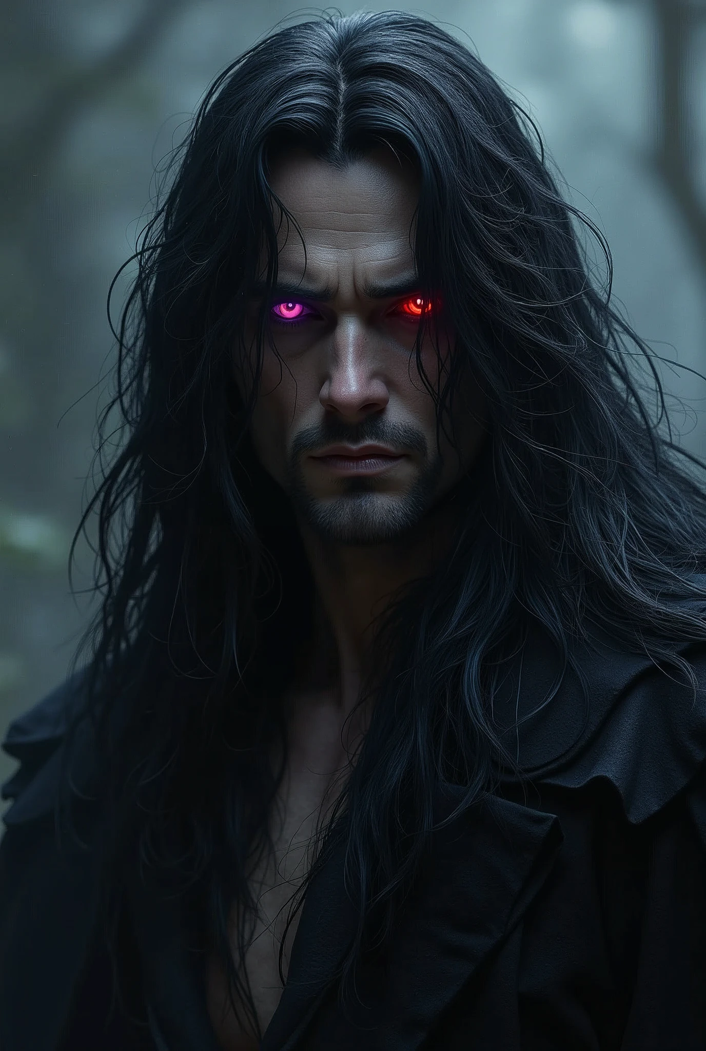 Gender: masculine.
Raza: devil, human.
Height: 1,95m.
hair color: Very dark black.
Eye color: Initially they were red but for lore reasons they changed to a dark purple color