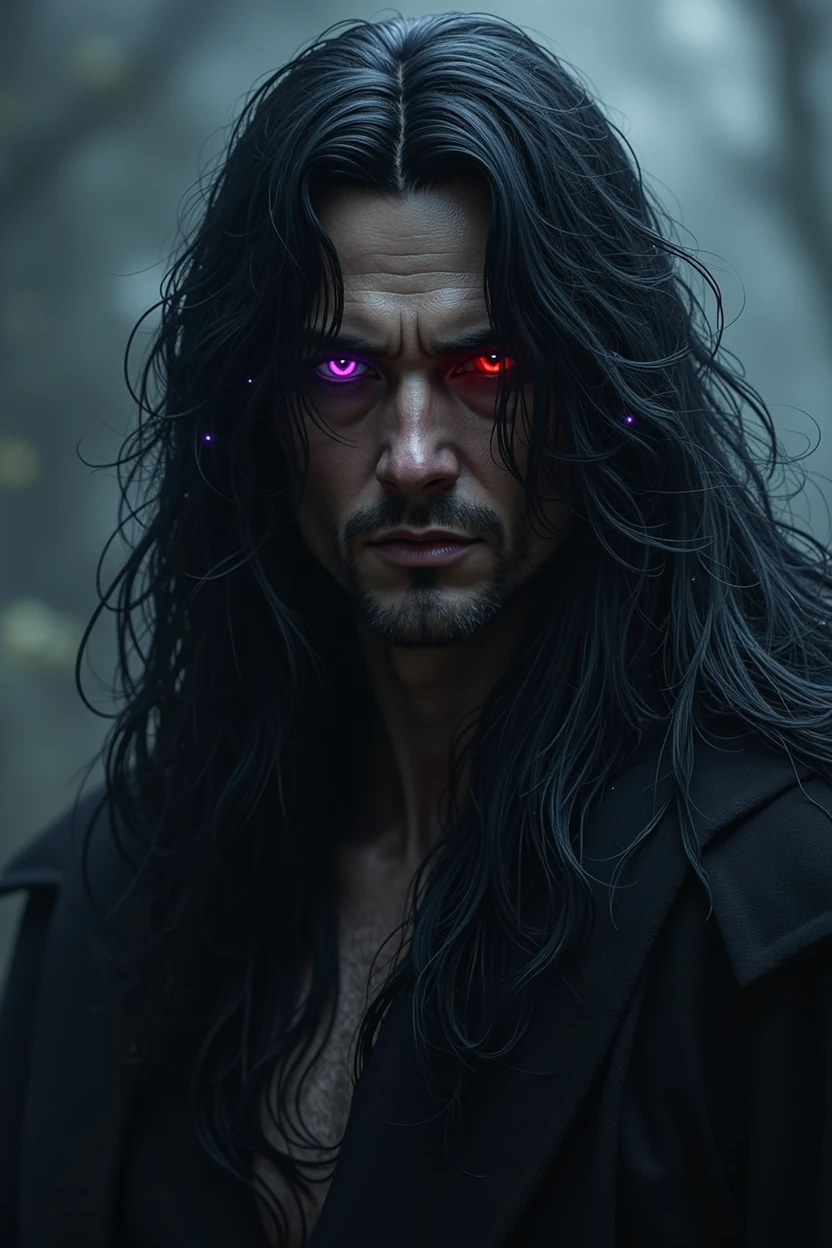 
Gender: masculine.
Raza: devil, human.
Height: 1,95m.
hair color: Very dark black.
Eye color: Initially they were red but for lore reasons they changed to a dark purple color