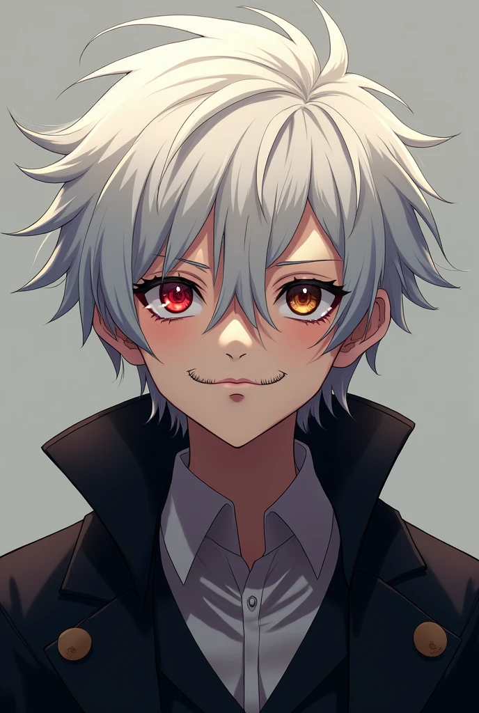 Character with white hair combed to the sides and a little big, red left eye, right eye brown, a small mustache, black overcoat. Elderly appearance and an anime design