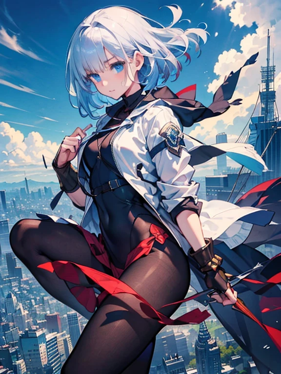 White jacket,Medium Hair, Blue and white hair,blue eyes,Mechanized limbs++, whole body, Unusually huge gauntlet++,Empty City, A town above the clouds, Sky City