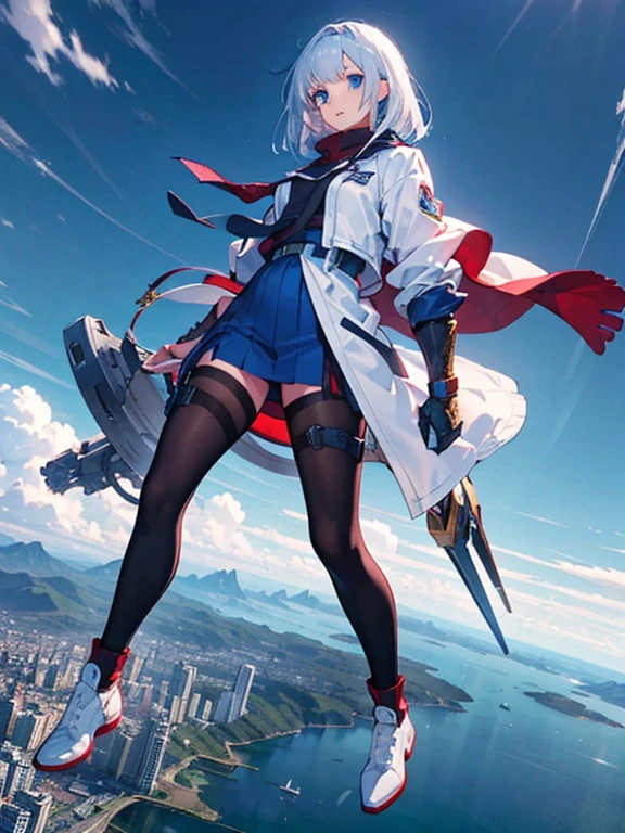 White jacket,Medium Hair, Blue and white hair,blue eyes,Mechanized limbs++, whole body, Unusually huge gauntlet++,Empty City, A town above the clouds, Sky City