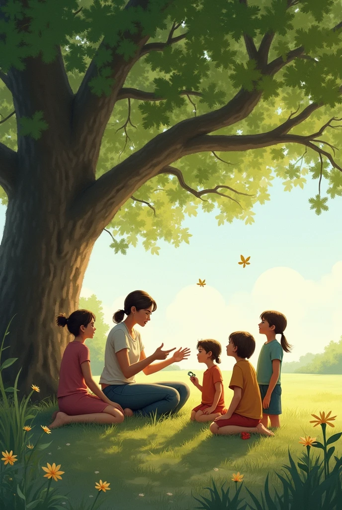 Adult drawing teaching children sitting under a tree