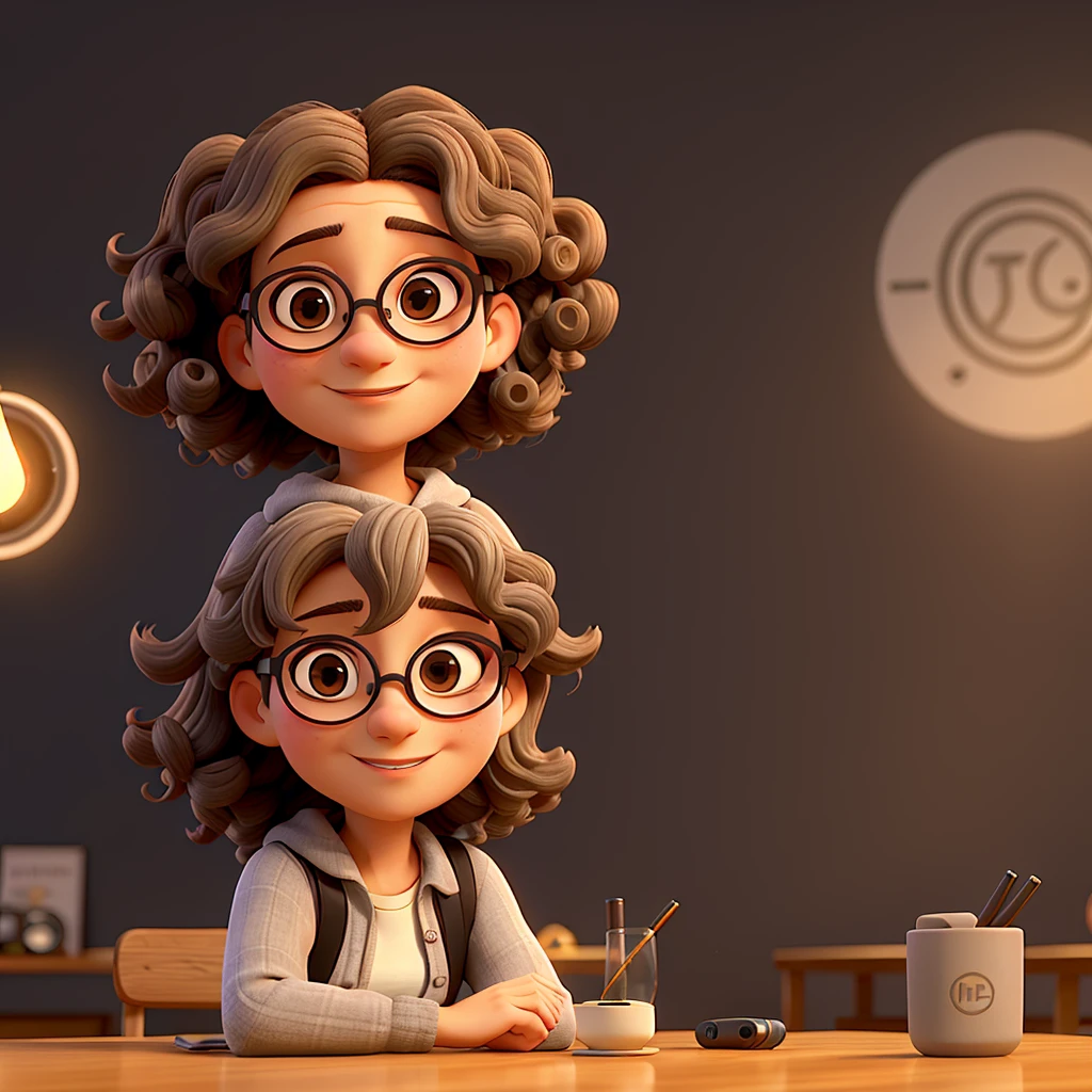 a nice woman, pretty, middle-aged, with slightly gray curly hair, with round glasses, hypdertailed, sitting at the table with microphone in her hands and black wall in the background