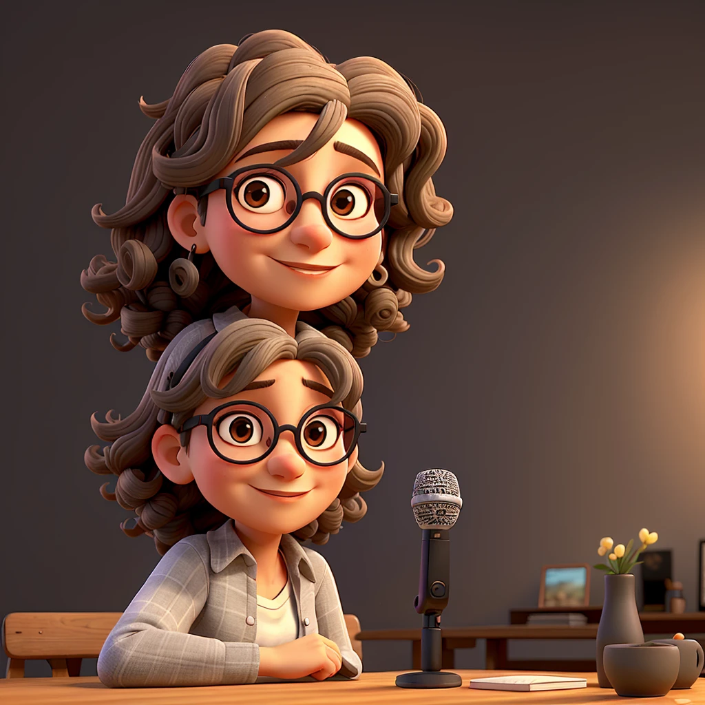 a nice woman, pretty, middle-aged, with slightly gray curly hair, with round glasses, hypdertailed, sitting at the table with microphone in her hands and black wall in the background