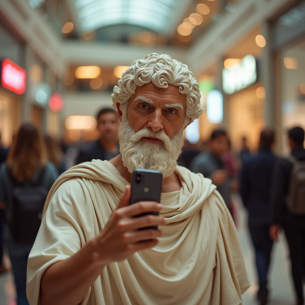 Aristotle, Taking a selfie on his phone at the mall