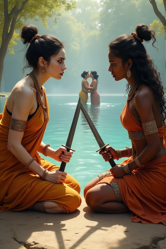 
white skinned North Indian slave woman with dark skinned daughter, and dark skinned south indian slave woman with pale white skinned daughter, gupta era, both have a similar build, both are sitting with their feet wide open and the soles of their feet touching ,beside a lake, both their faces have a angry frown , threaten eachother with a knife in their hands while their daughters are in the distance kissing in the lake