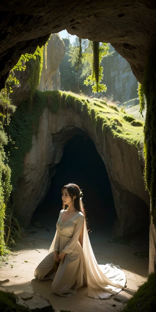 A woman kneeling at the entrance of a dark cave in a medieval fantasy setting. She wears simple yet elegant medieval attire, made of flowing fabrics in earthy tones, which blend naturally with the rugged, rocky surroundings. The entrance to the cave is mysterious and shadowy, surrounded by jagged rocks covered in moss and vines. The woman appears deep in thought or in prayer, her posture humble and solemn. The scene is lit by soft, natural light that casts gentle shadows, enhancing the mystical and enchanted atmosphere. The setting feels ancient, with a strong sense of reverence and mystery."Additional Parameters:Style: Realistic, fantasyLighting: Soft natural light, subtle shadowsColors: Earthy tones, natural shadesComposition: Woman centered at the cave entrance, rocks and overgrowth around herEnvironment: Medieval, ancient cave, mystical atmosphere, quiet reverence